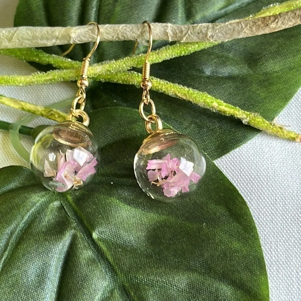 Resin Globe Pink Pressed Floral Earrings